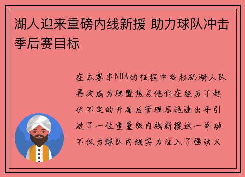 湖人迎来重磅内线新援 助力球队冲击季后赛目标